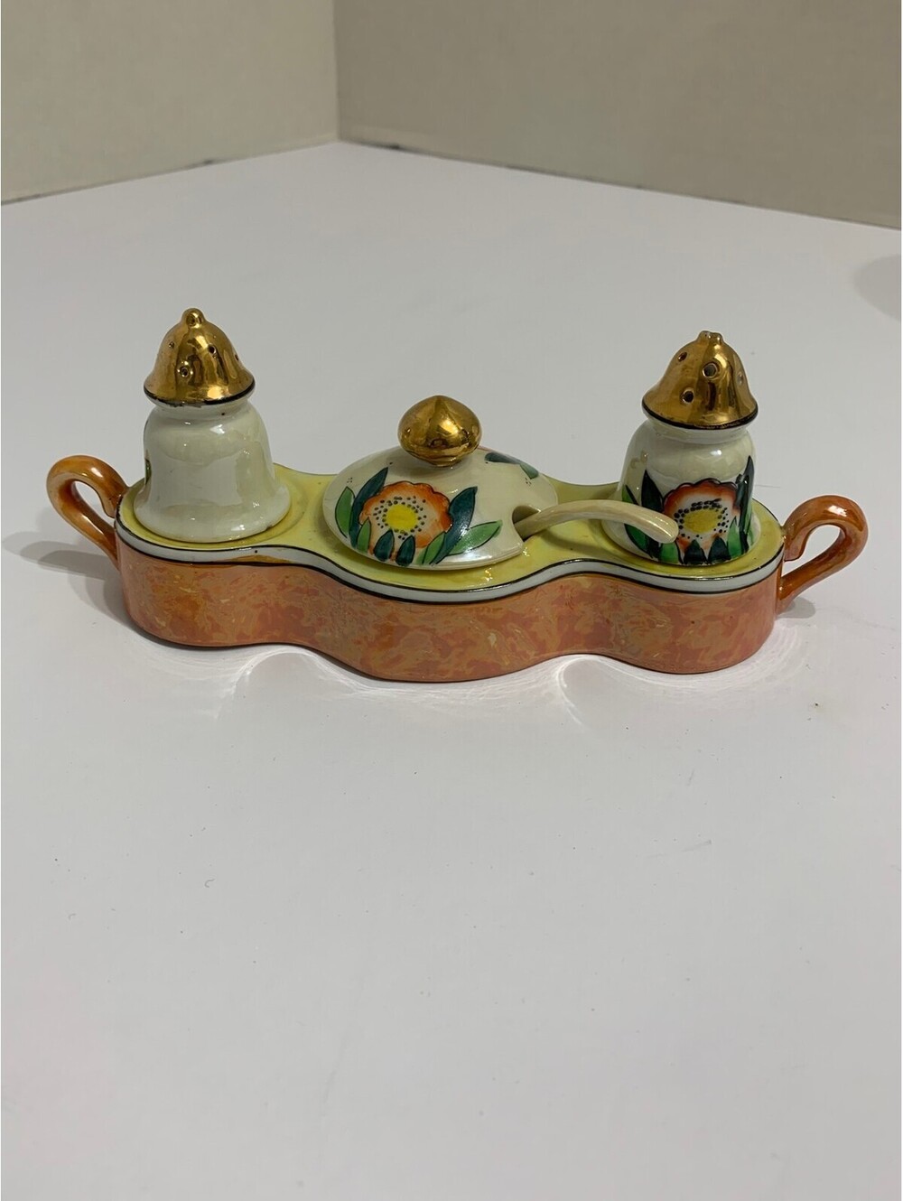 Vintage Noritake Lusterware Condiment Set Japan Moriage Flower